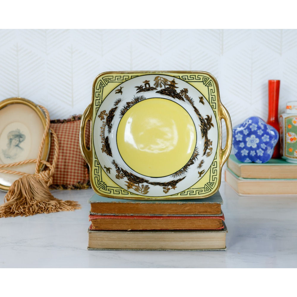 Antique Yellow Willow Bird Pagoda Nippon handled Bowl Cottage Chinoiserie Granny
